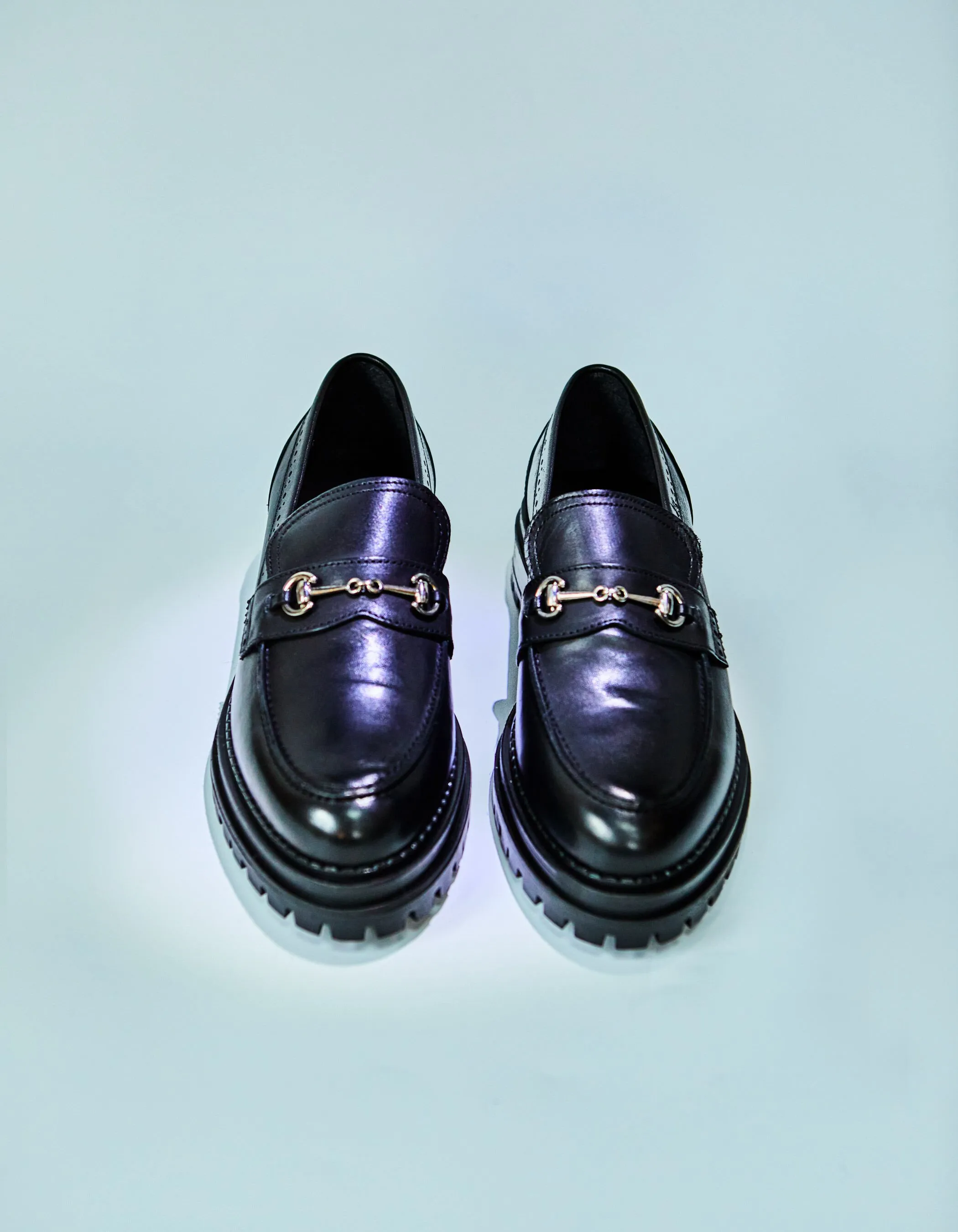 Black Leather Lug Sole Women's Loafers