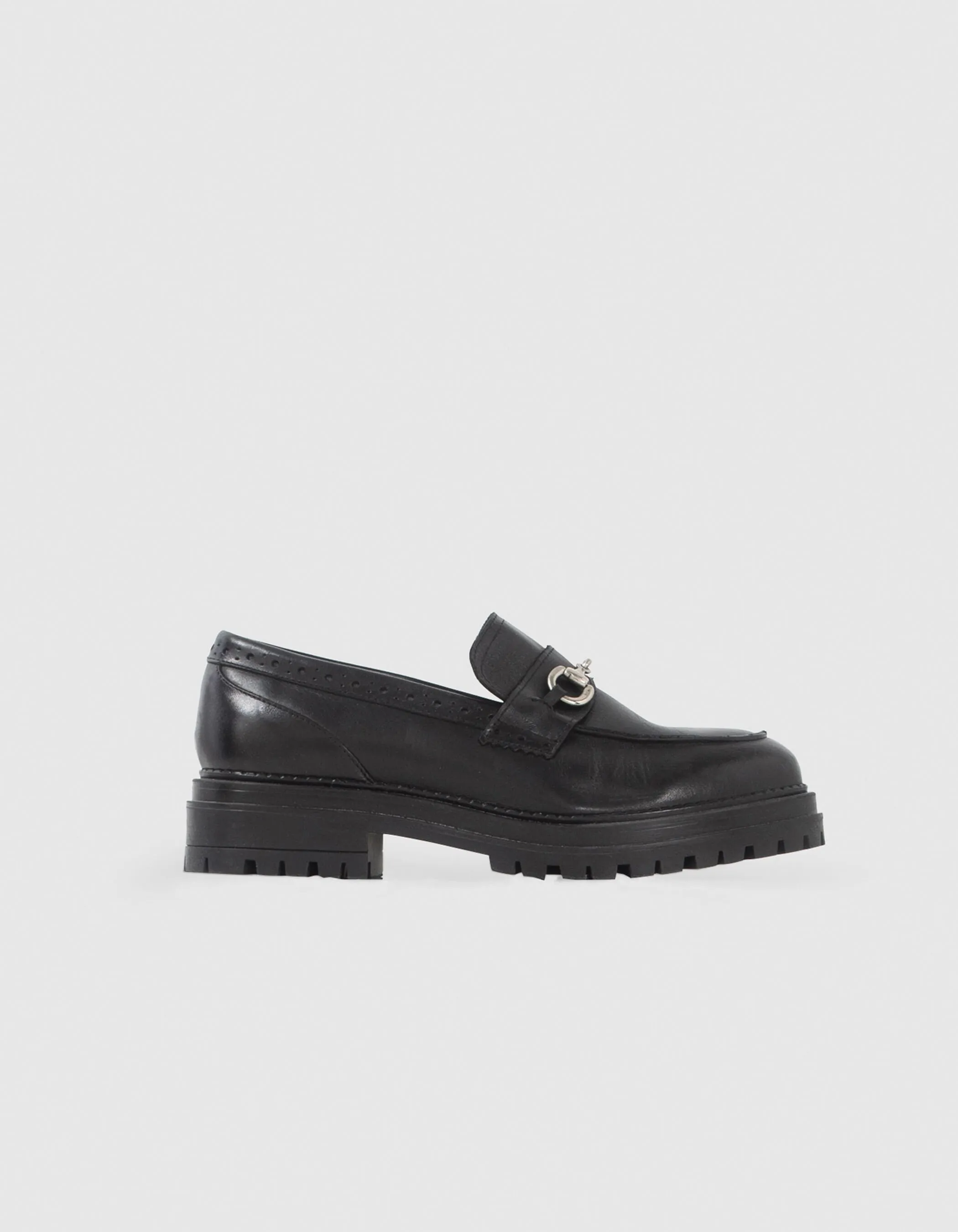 Black Leather Lug Sole Women's Loafers