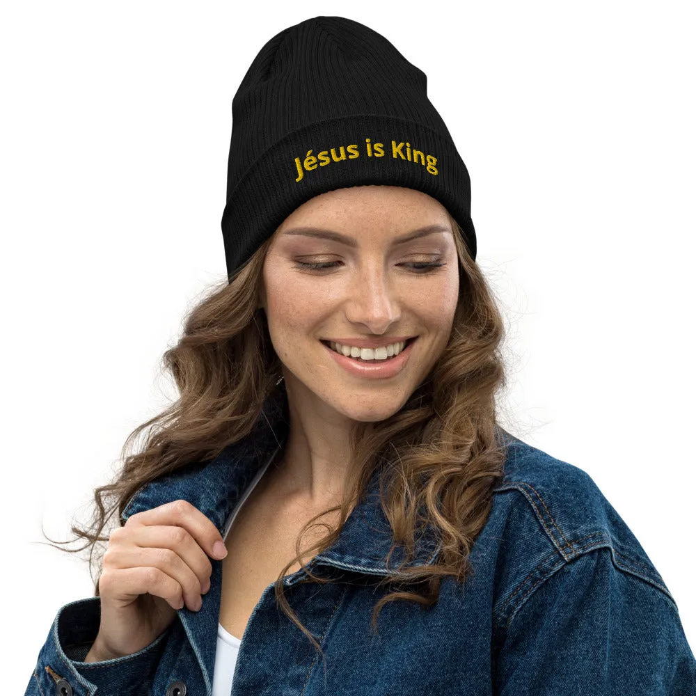 Organic Ribbed Beanie - 'JESUS IS KING'