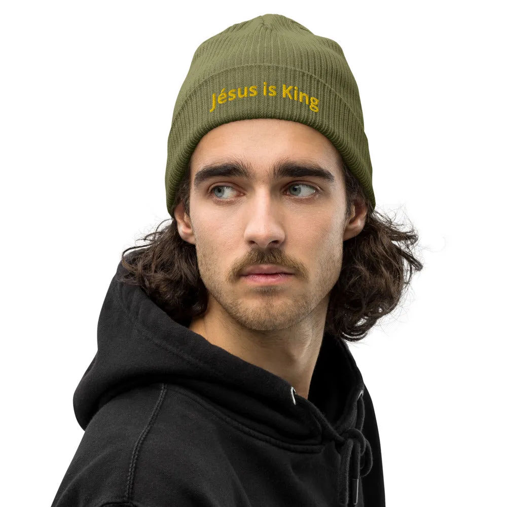 Organic Ribbed Beanie - 'JESUS IS KING'