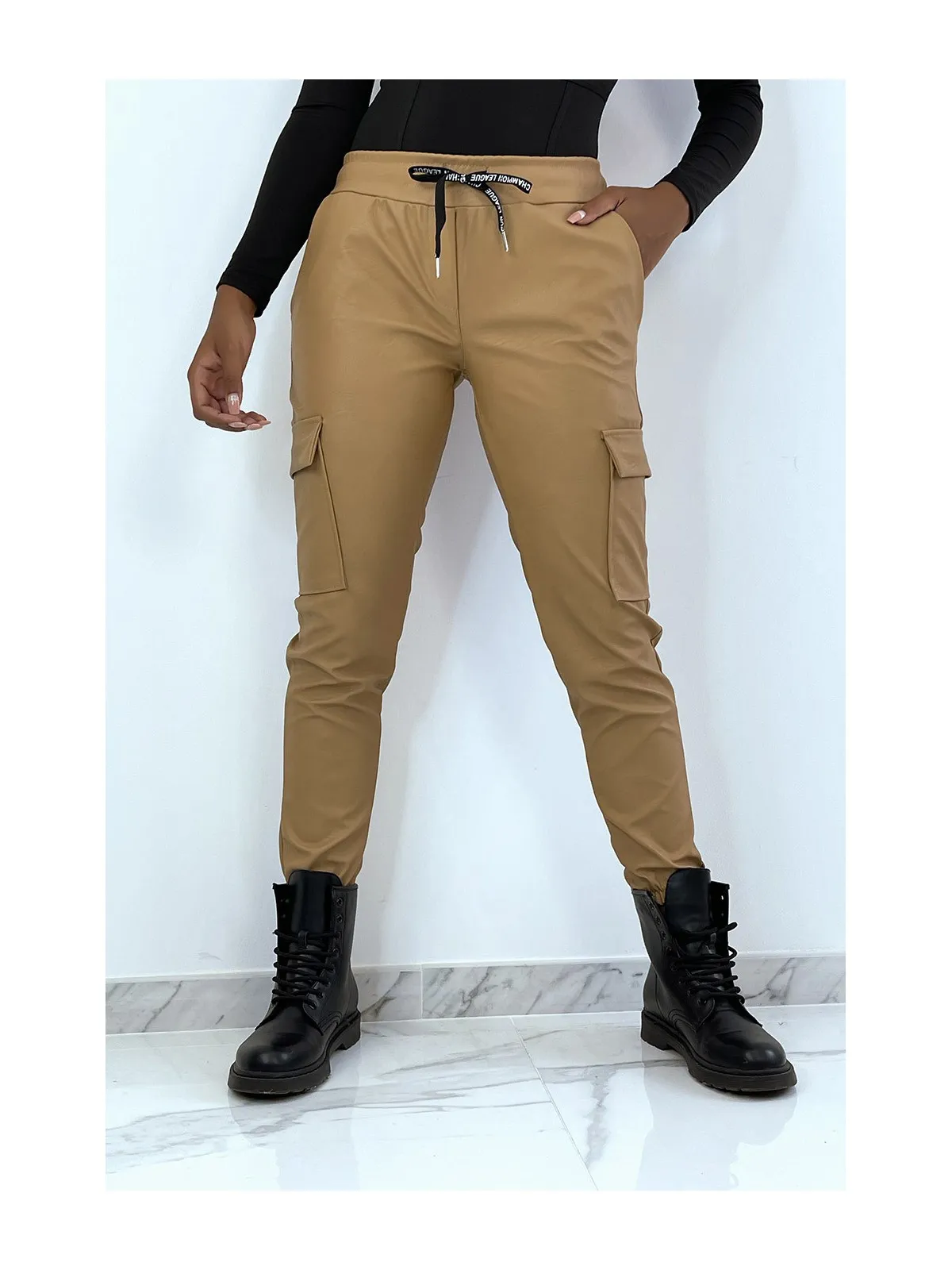 Camel Faux Military Jogger Pants with Pockets