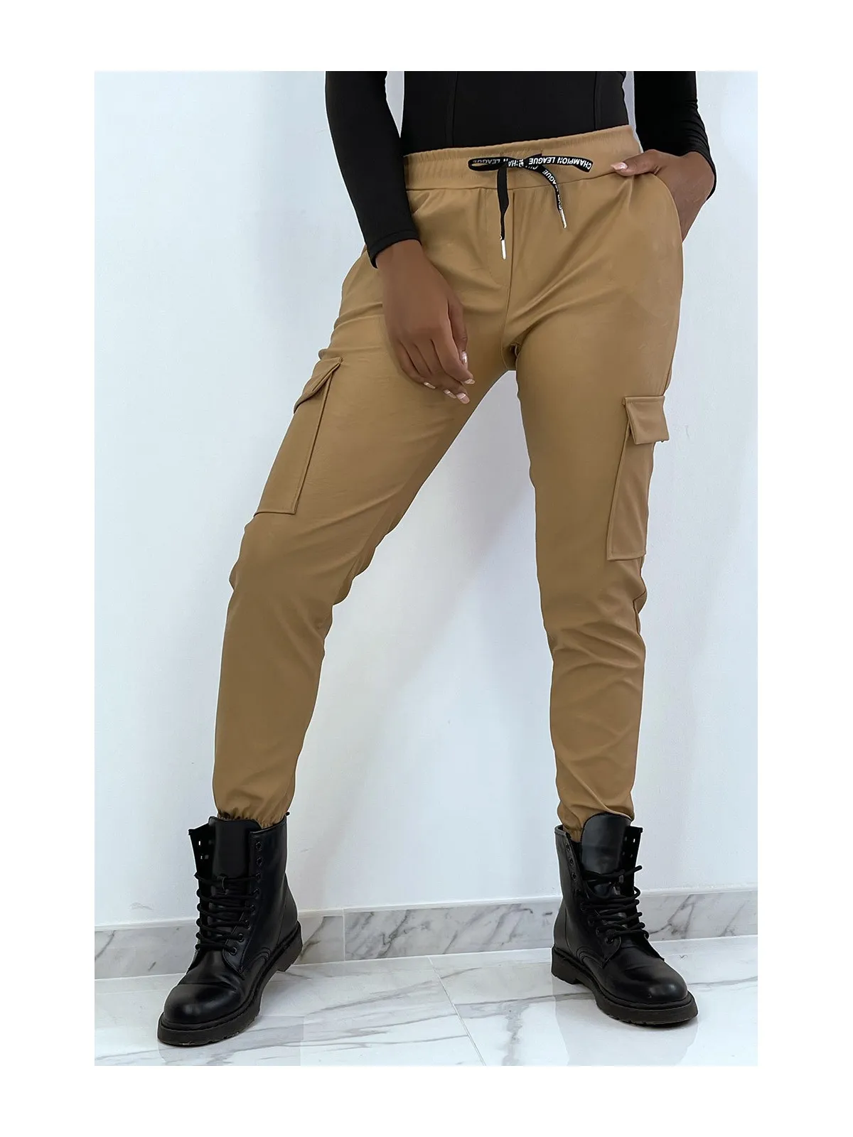 Camel Faux Military Jogger Pants with Pockets