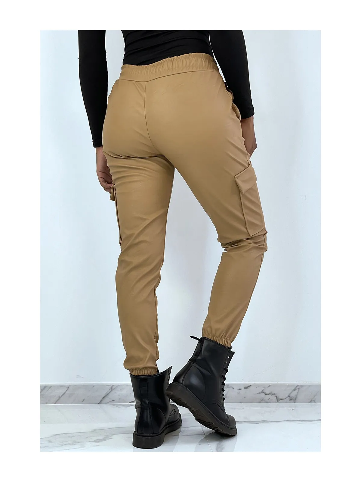 Camel Faux Military Jogger Pants with Pockets