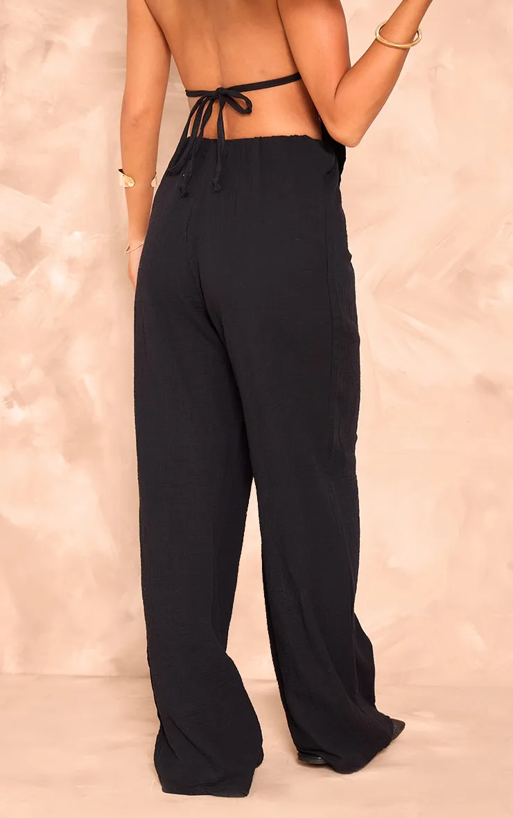 Black wide-leg wool pants