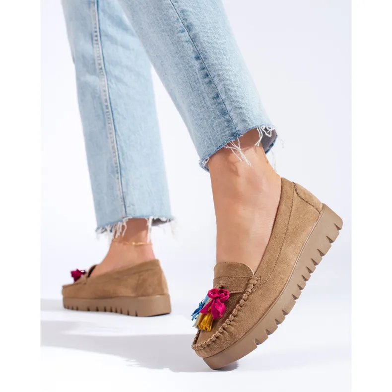 Potocki Bohemian Beige Suede Moccasins with Pompons.