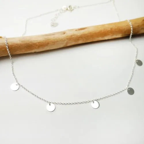 Recycled Minimalist Silver Collar Necklace with 5 Adjustable Round Charms