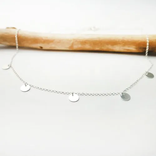 Recycled Minimalist Silver Collar Necklace with 5 Adjustable Round Charms