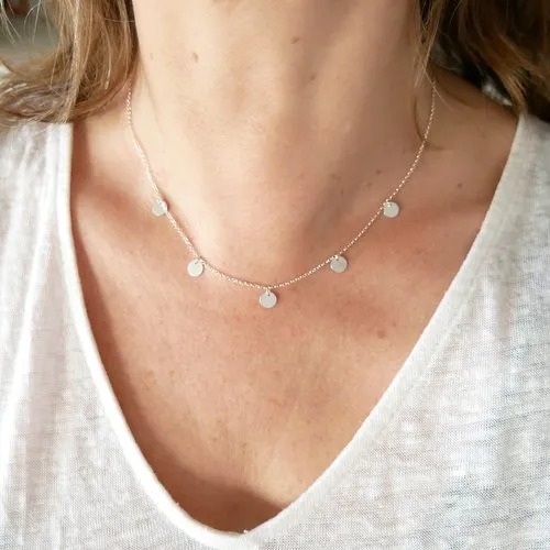 Recycled Minimalist Silver Collar Necklace with 5 Adjustable Round Charms