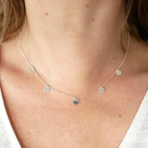 Recycled Minimalist Silver Collar Necklace with 5 Adjustable Round Charms