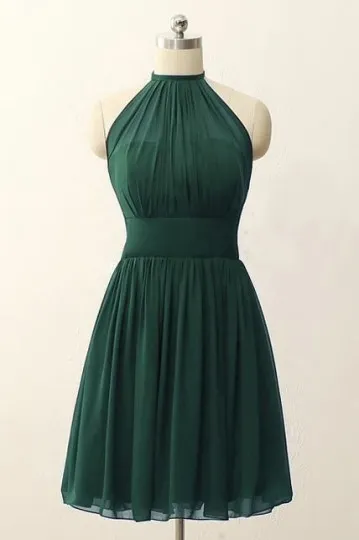 Short Green Illusion Neckline Evening Dress with Halter Strap