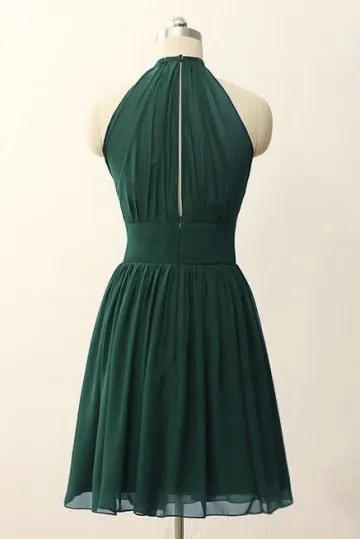 Short Green Illusion Neckline Evening Dress with Halter Strap