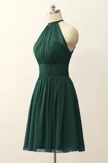 Short Green Illusion Neckline Evening Dress with Halter Strap