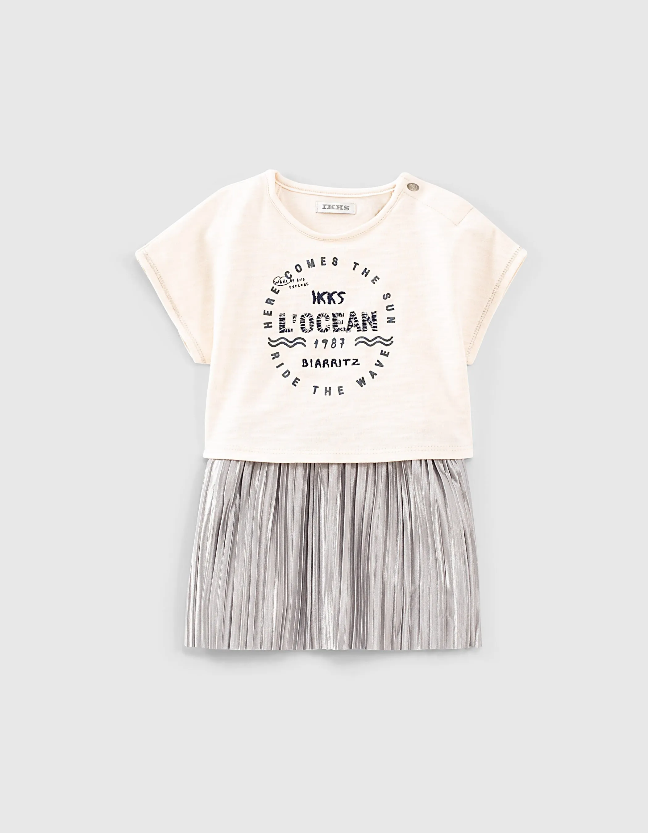 Ecru Trompe-l'oeil Organic Skirt Dress with Lurex Pleated Baby Girl