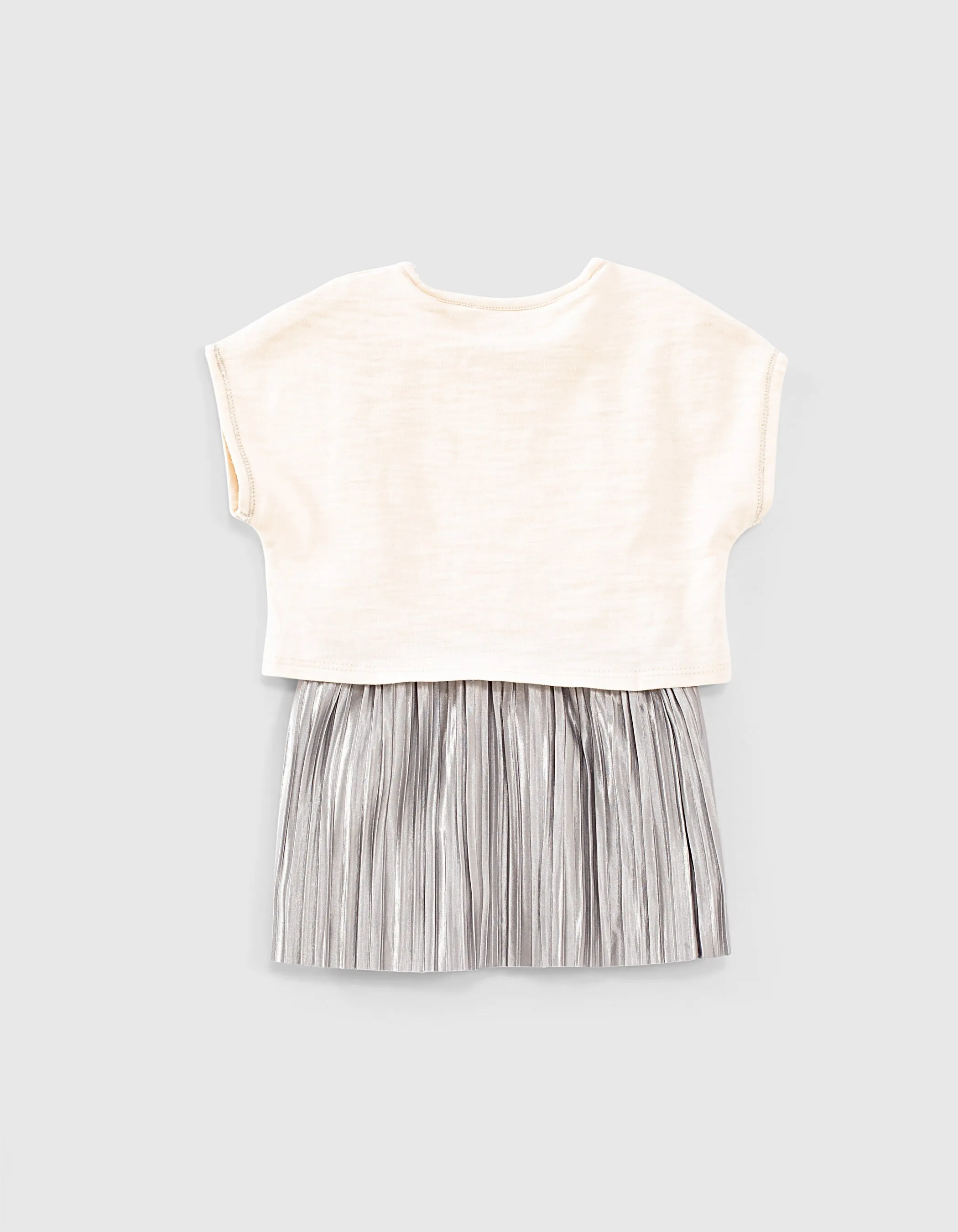 Ecru Trompe-l'oeil Organic Skirt Dress with Lurex Pleated Baby Girl