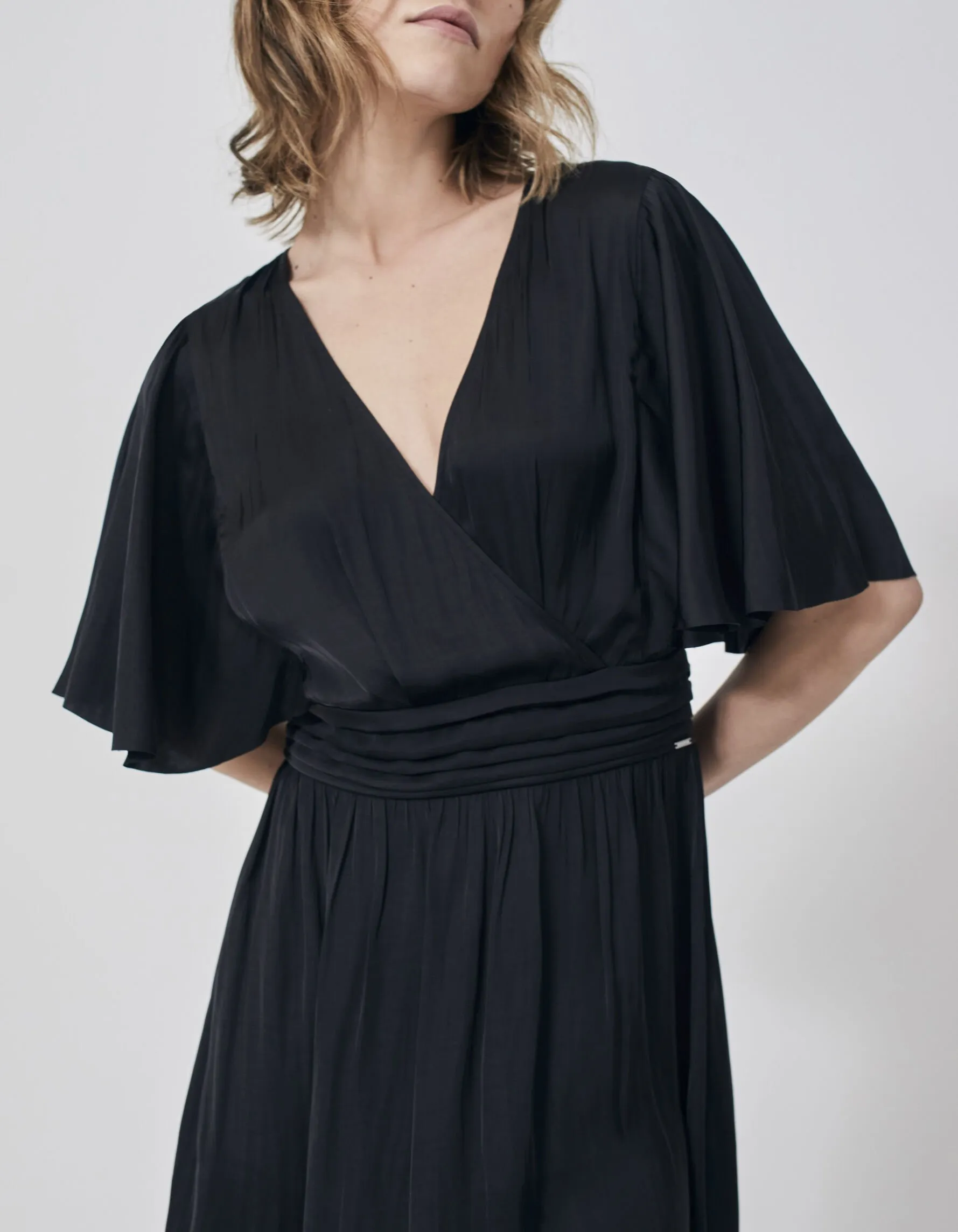 Recycled Black Satin Dress with Draped Belt for Women