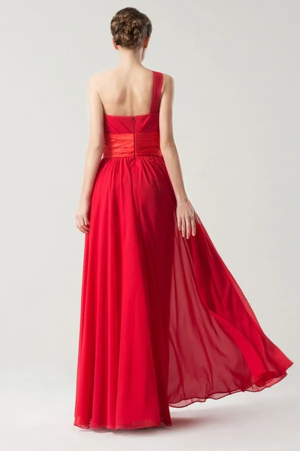 Red empire waist dress with ruched detail floor-length.