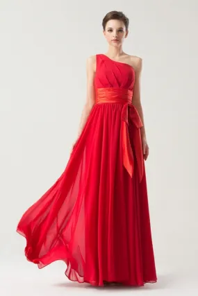 Red empire waist dress with ruched detail floor-length.