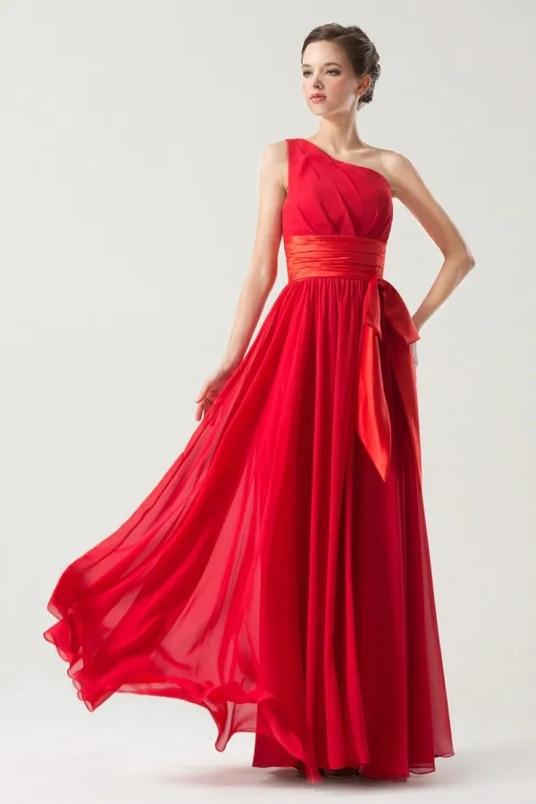 Red empire waist dress with ruched detail floor-length.