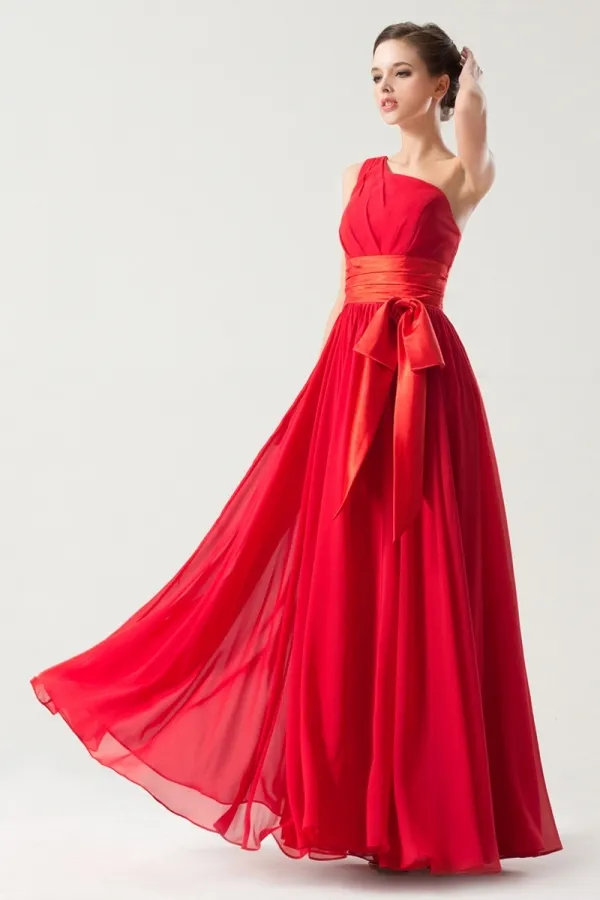 Red empire waist dress with ruched detail floor-length.