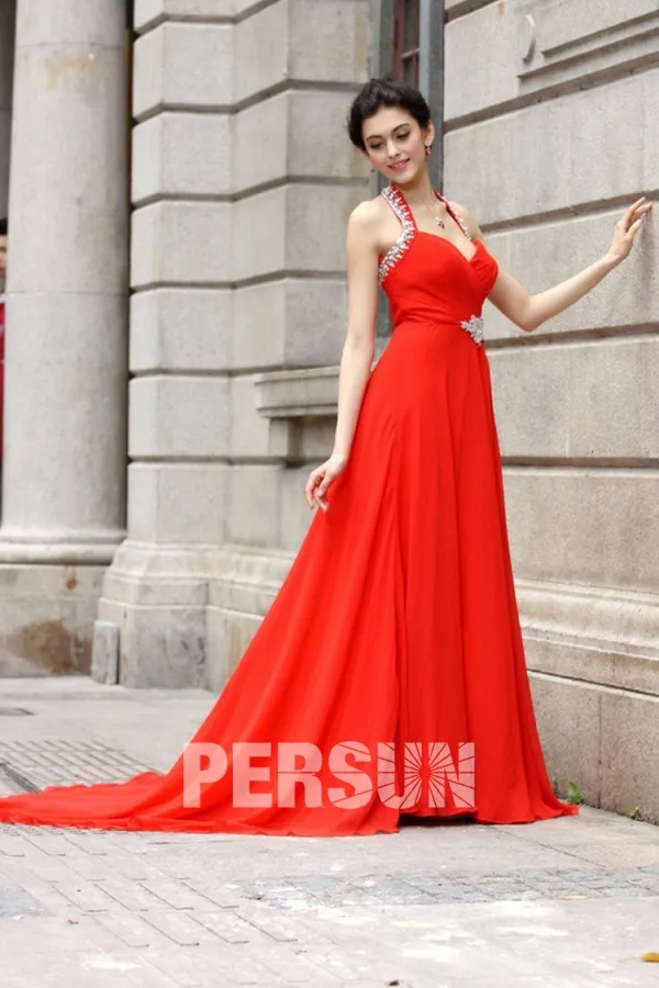 Long red dress with sweetheart neckline and halter strap.