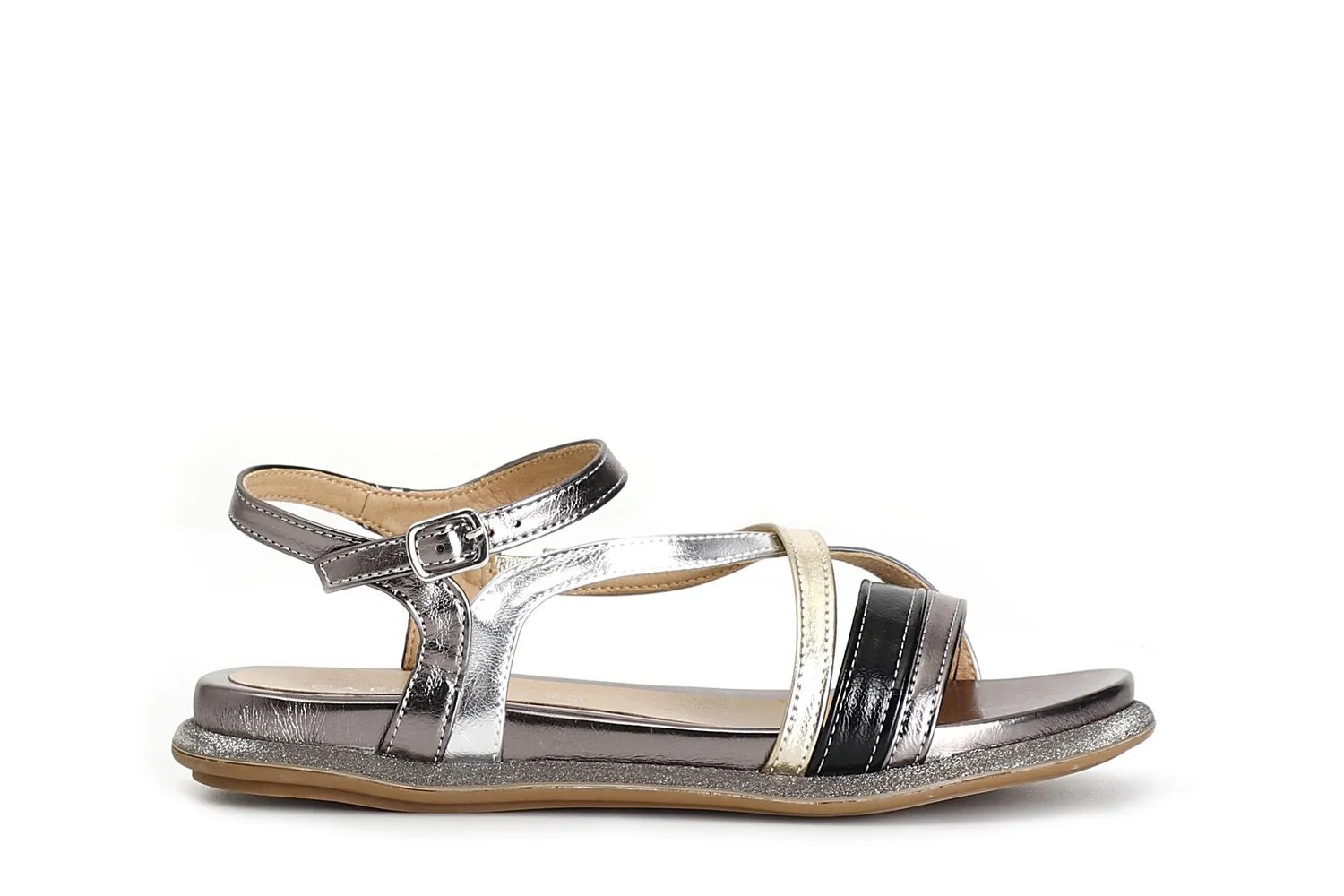 Metal Gun Combo Synthetic Laminate Strap Sandals - CafèNoir