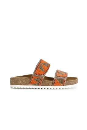 Cork and Orange/Brown Bicolor Rhinestone Mules Sandals - CafèNoir