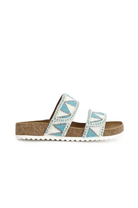 White/Turquoise Bicolor Rhinestone Mules Sandals - CafèNoir