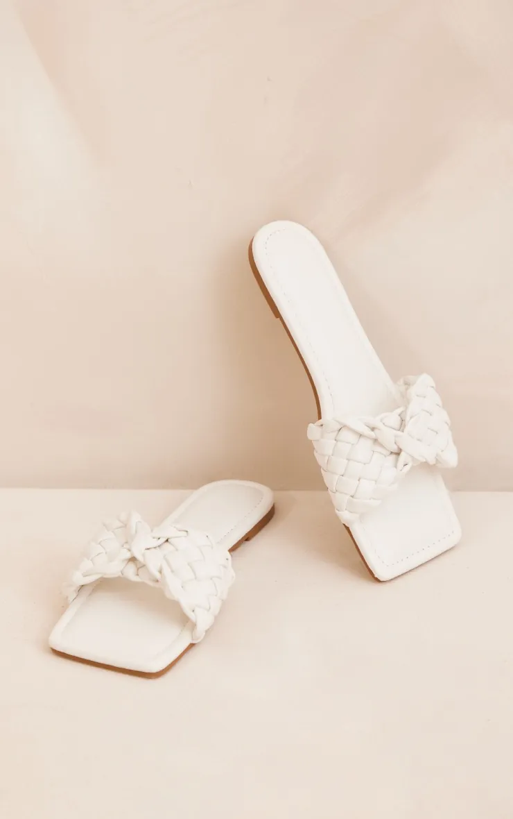 White PU square sandals with thick woven straps