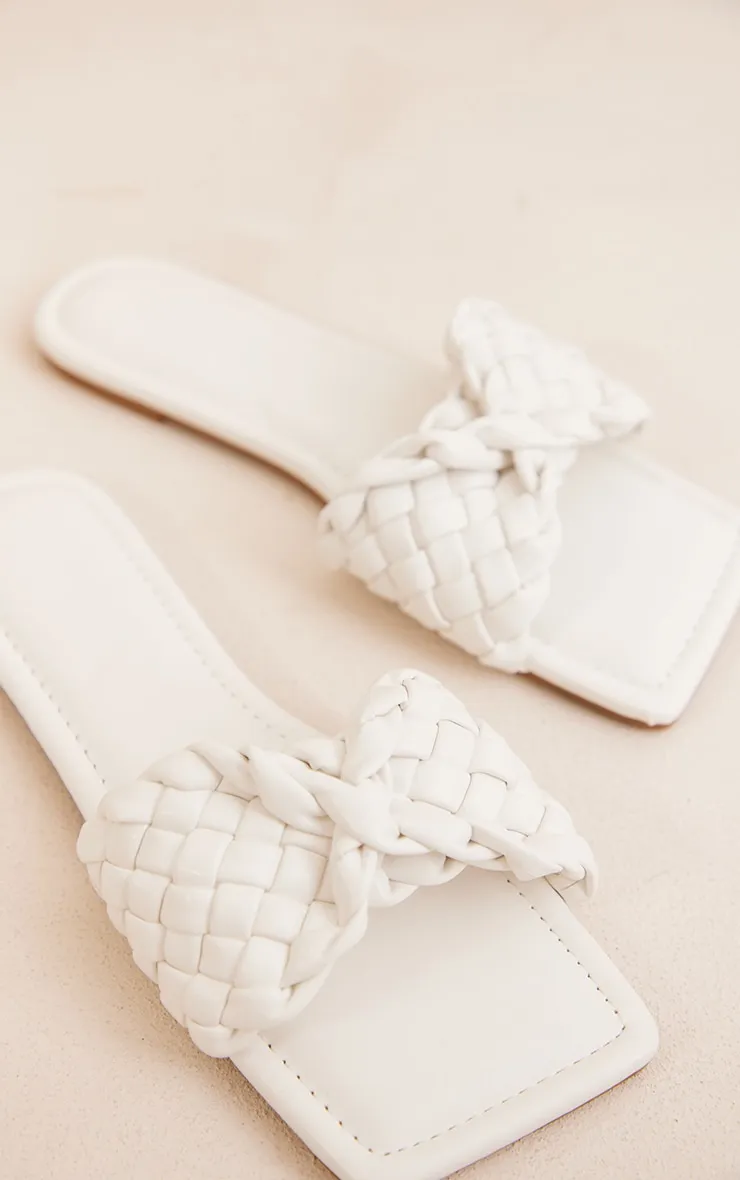 White PU square sandals with thick woven straps