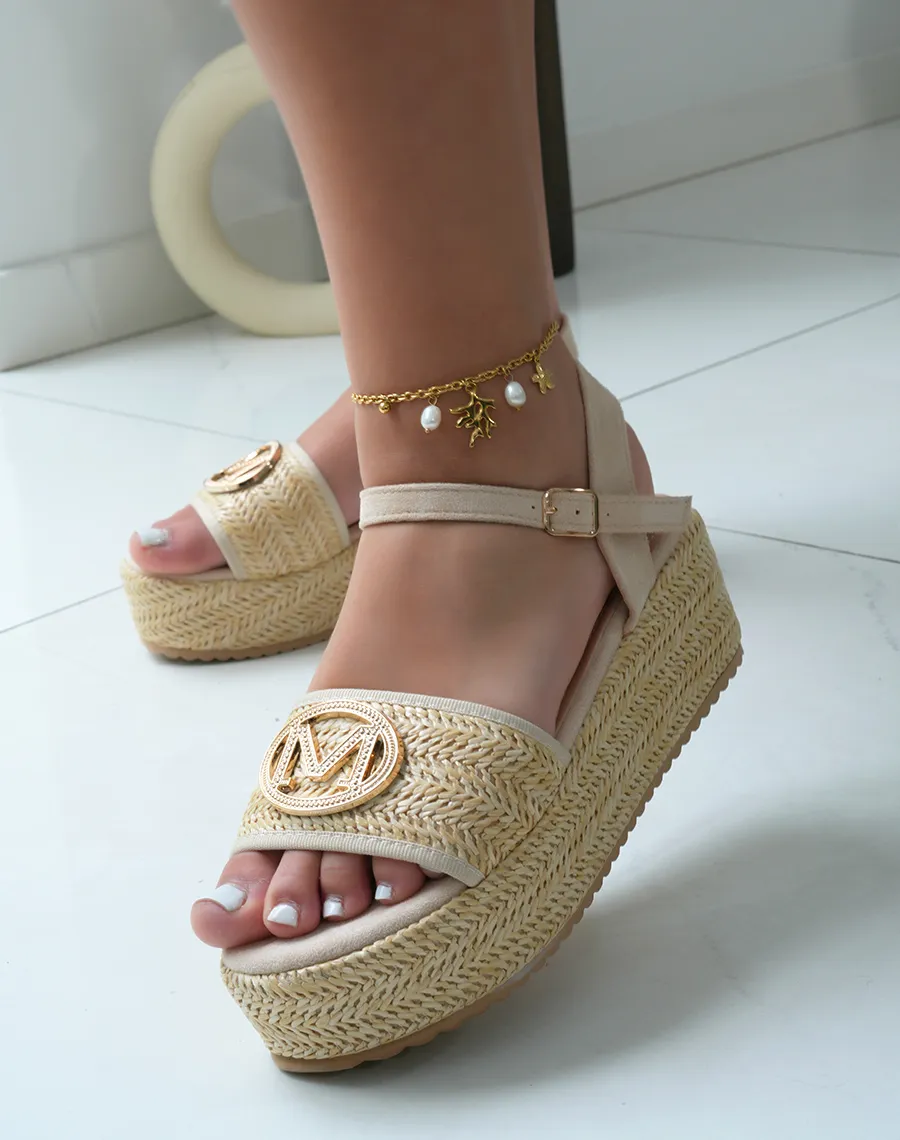 Beige Platform Wedge Sandals with Gold Embellishment