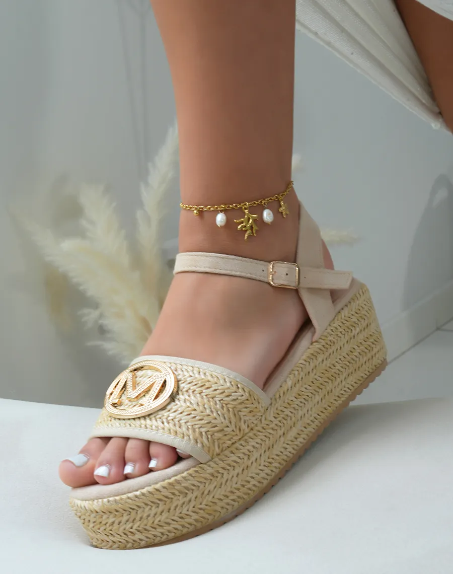 Beige Platform Wedge Sandals with Gold Embellishment