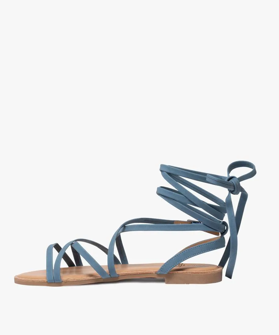 women's blue ankle lace-up flat sandals and thong sandals