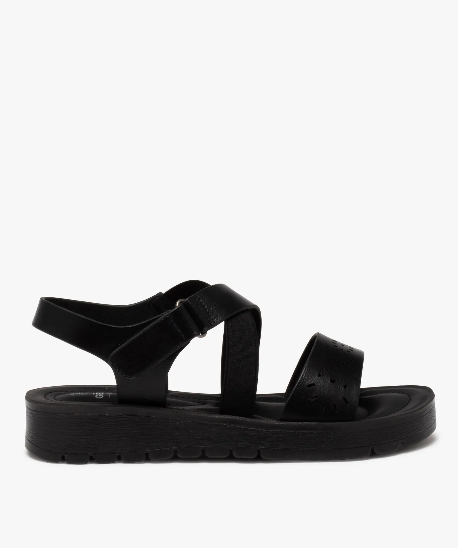 women's comfortable black sandals with textured sole and fancy straps