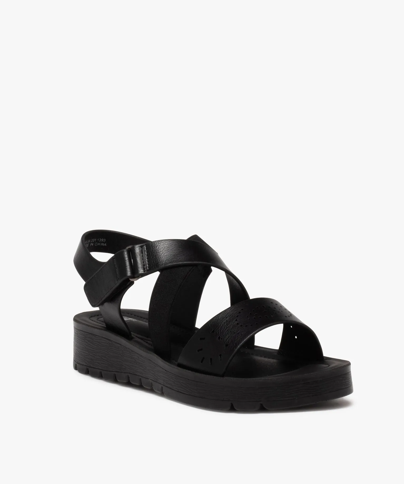 women's comfortable black sandals with textured sole and fancy straps