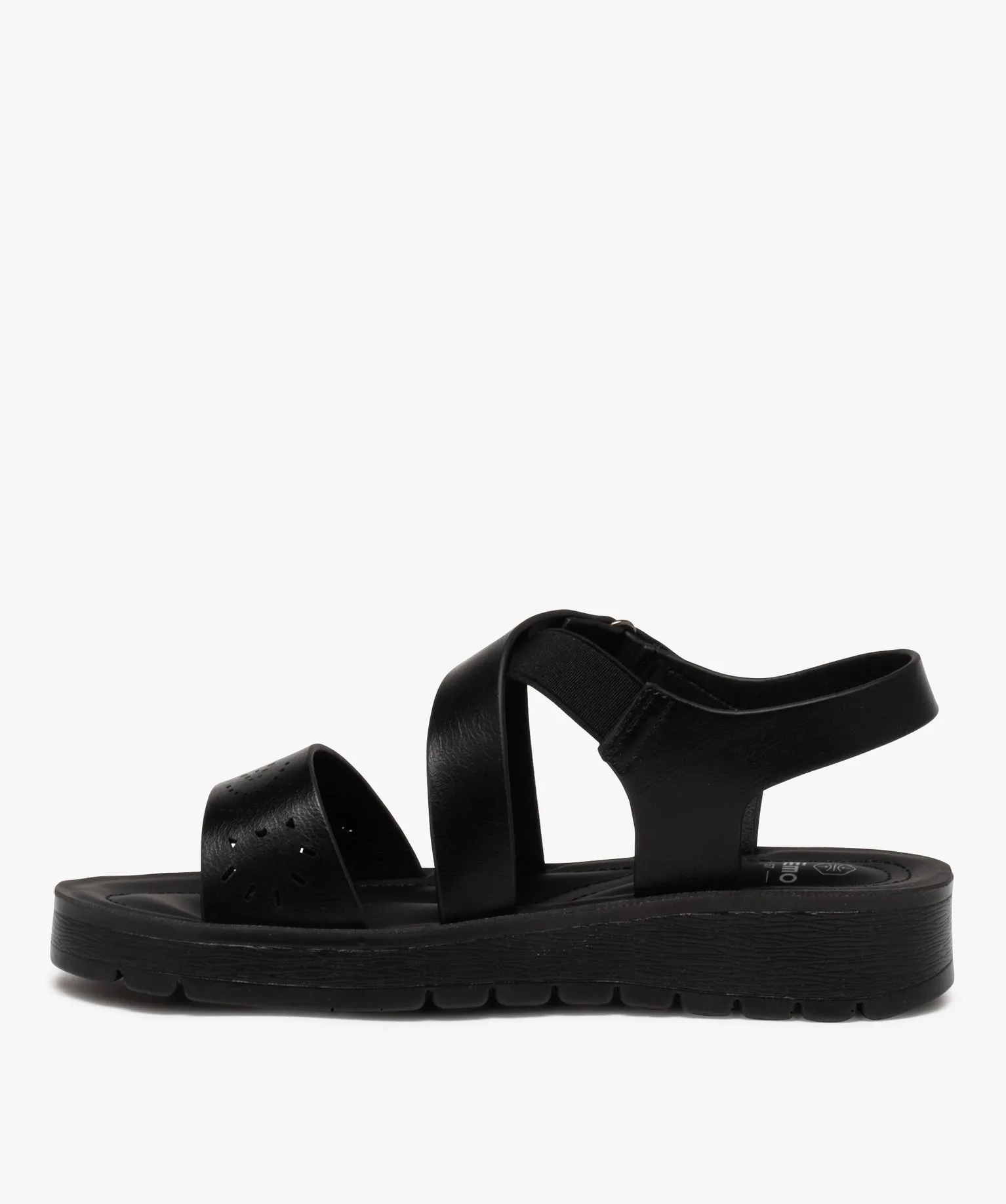 women's comfortable black sandals with textured sole and fancy straps