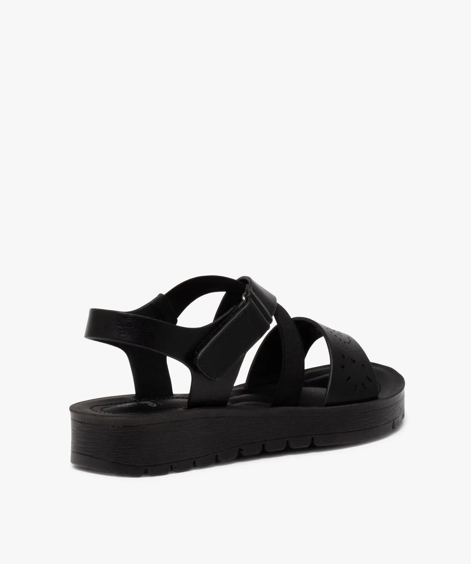 women's comfortable black sandals with textured sole and fancy straps