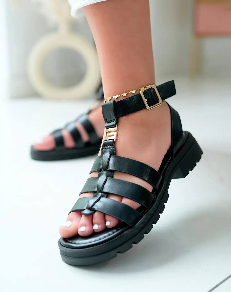 Black Triple Strap Sandals with Gold Detailing