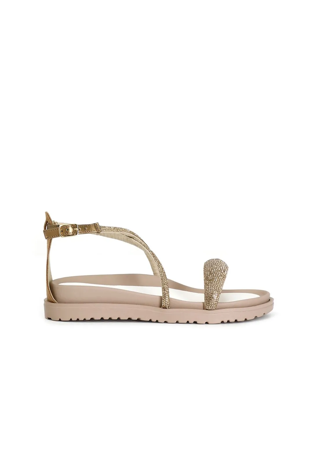 Light Gold Strappy Closed Back Sandals with Rhinestones - CafèNoir