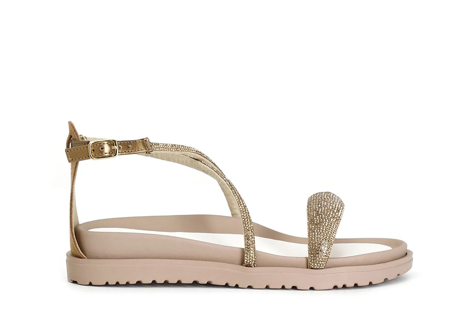 Light Gold Strappy Closed Back Sandals with Rhinestones - CafèNoir