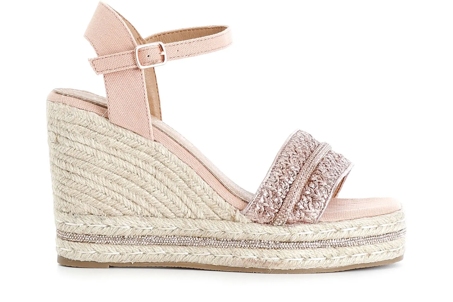 Fishing Rope Wedge Sandals with Raffia and Fabric Straps - CafèNoir