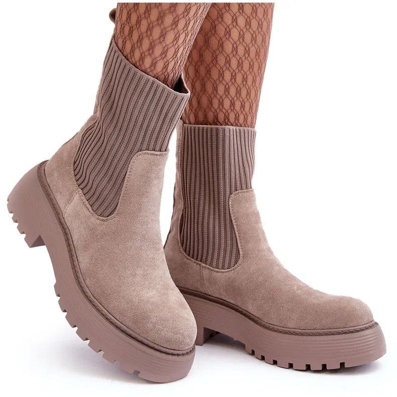 Dark Beige Flat Heel Suede Boots with Sock on Platform - Seastar Rewam