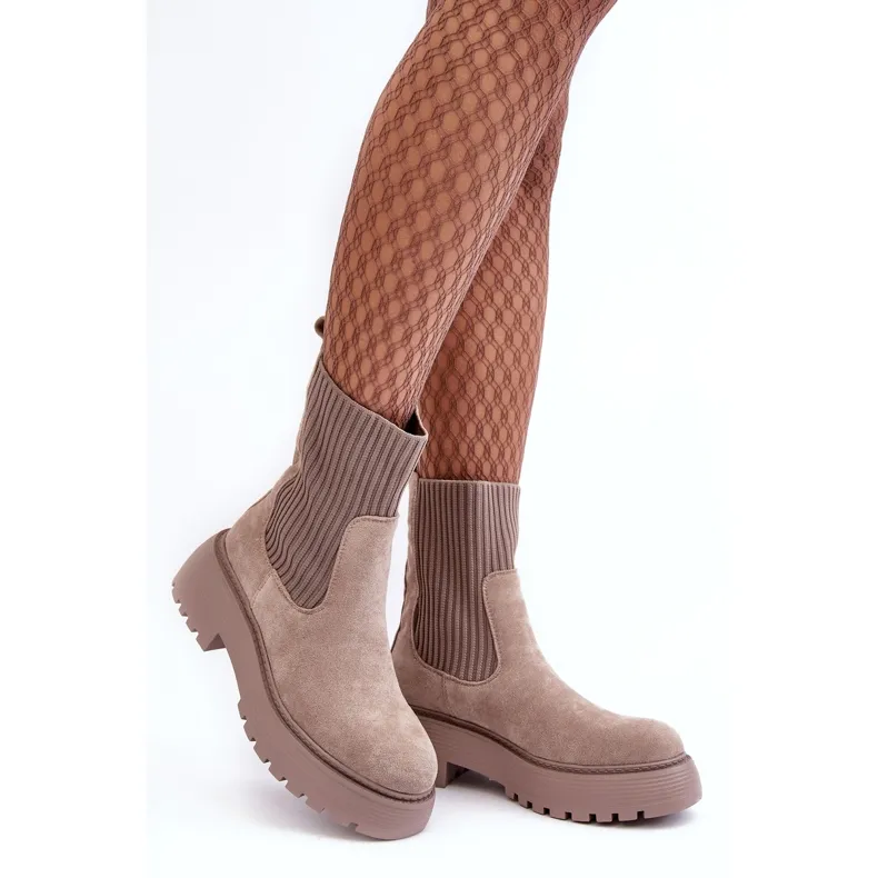 Dark Beige Flat Heel Suede Boots with Sock on Platform - Seastar Rewam