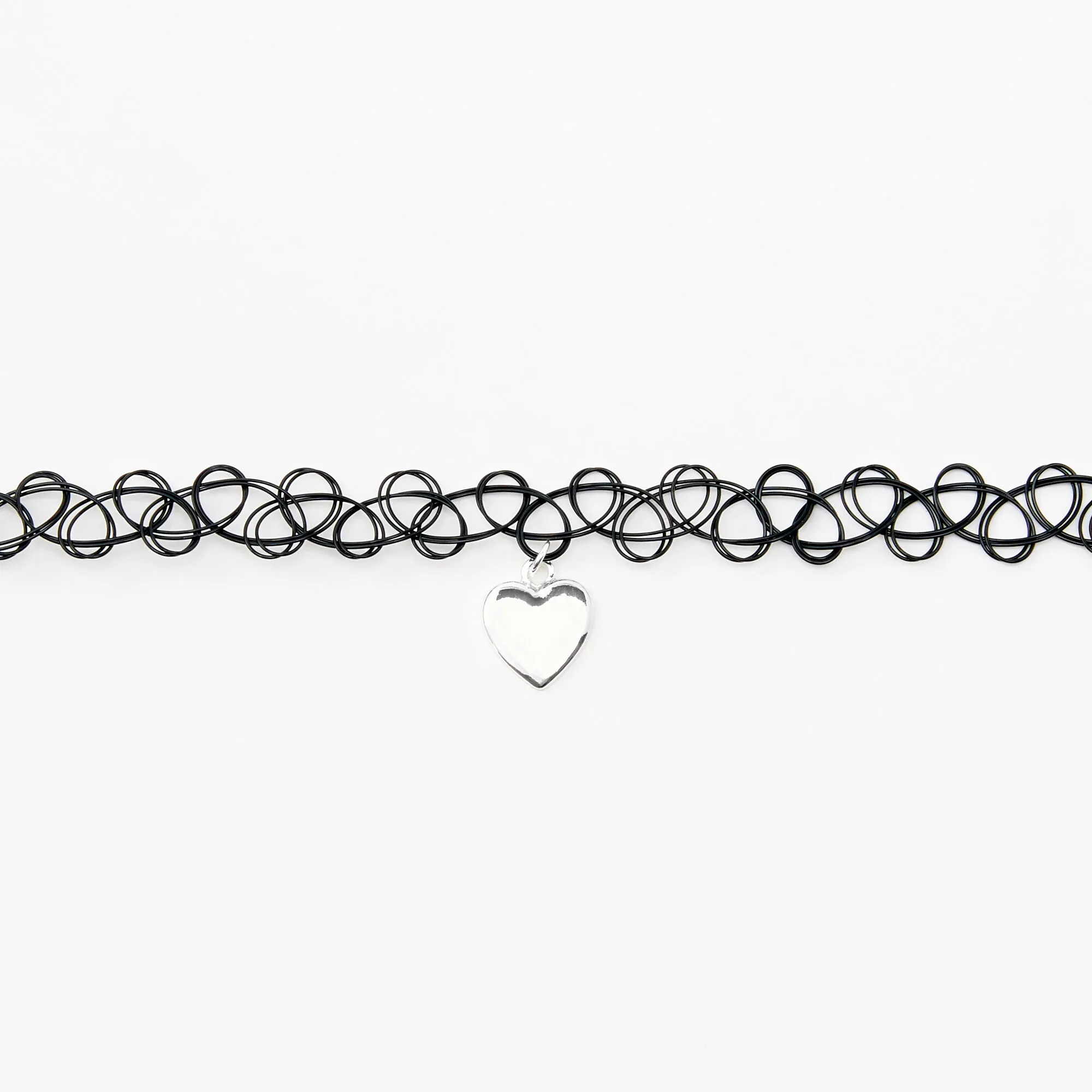 Silver Heart Puffy Tattoo Effect Choker Necklace - Black