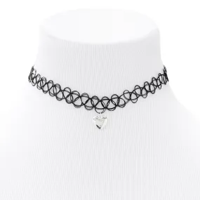 Silver Heart Puffy Tattoo Effect Choker Necklace - Black