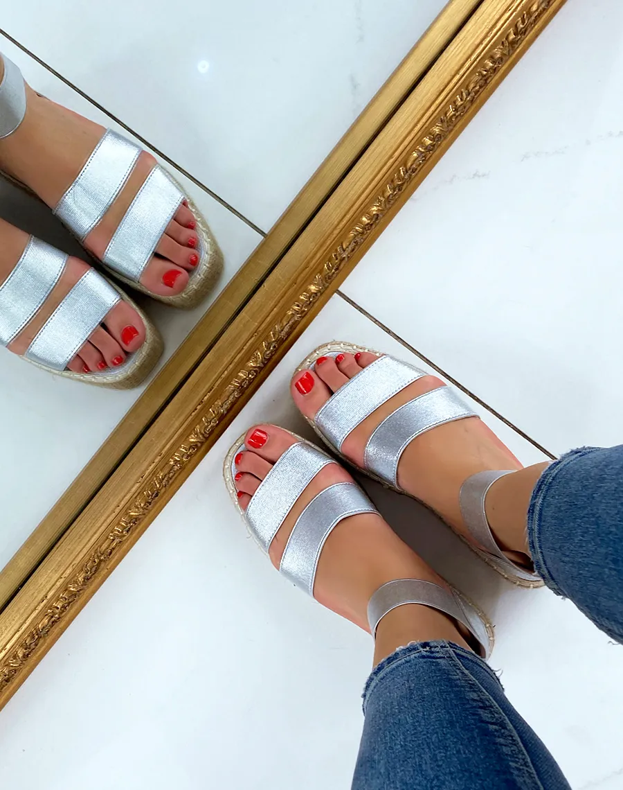 Silver wedge sandals with elastic straps