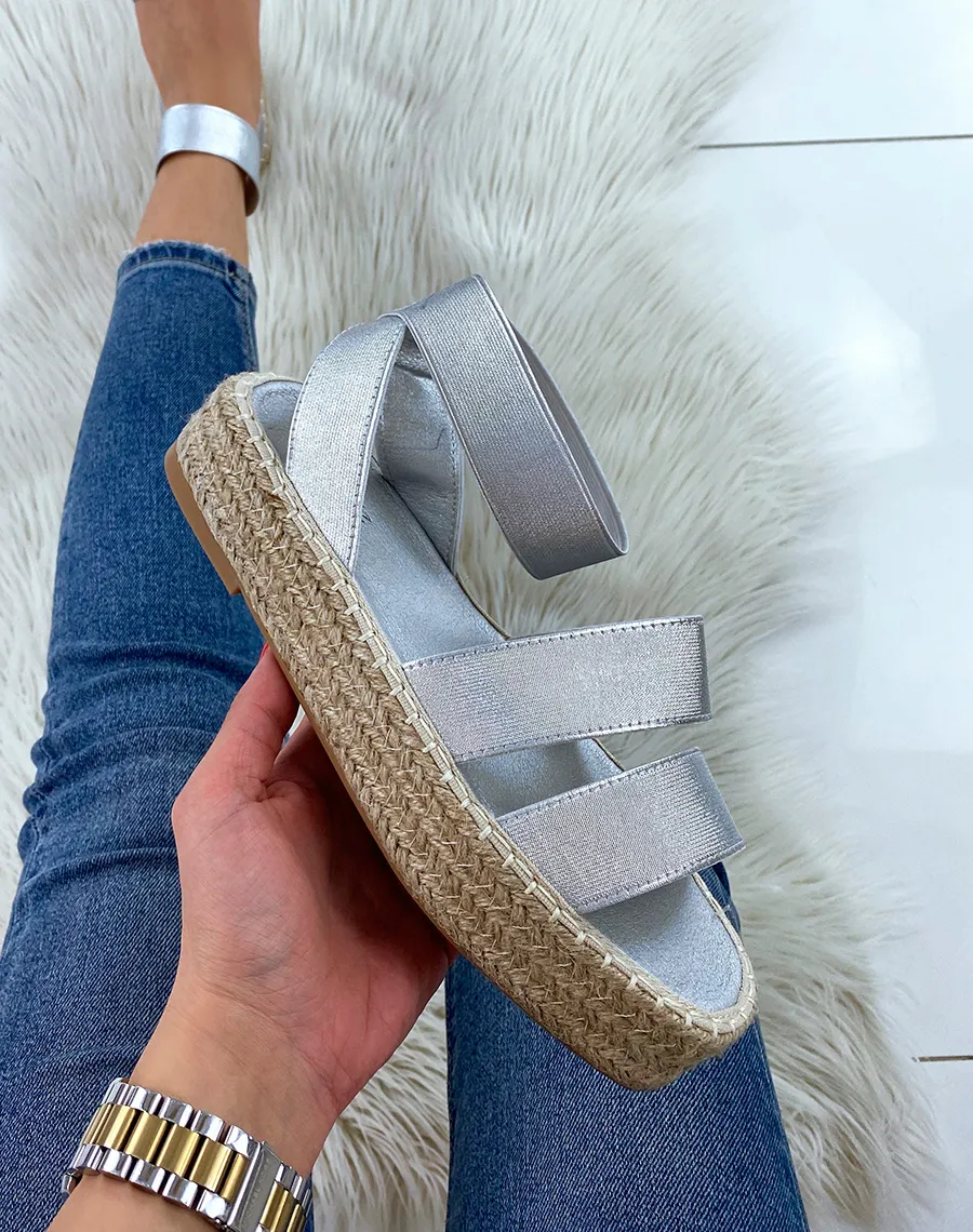 Silver wedge sandals with elastic straps