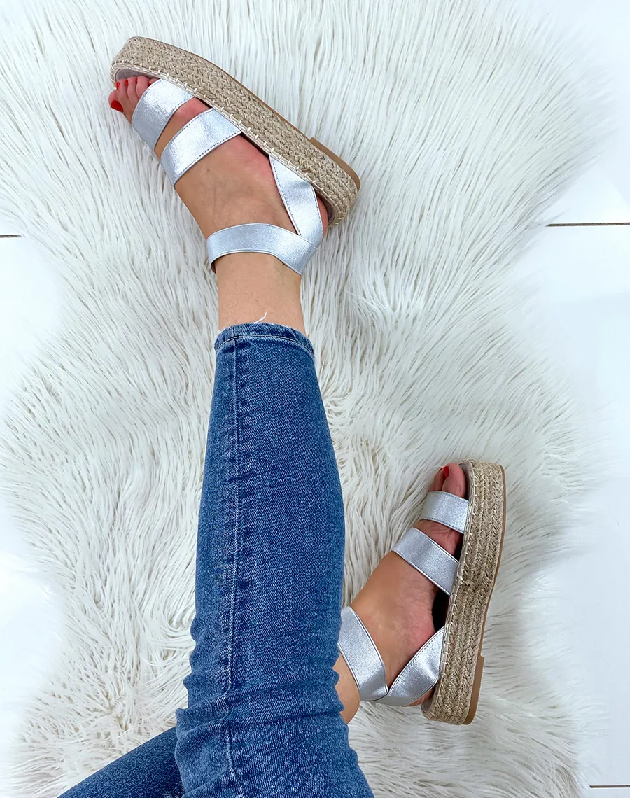 Silver wedge sandals with elastic straps