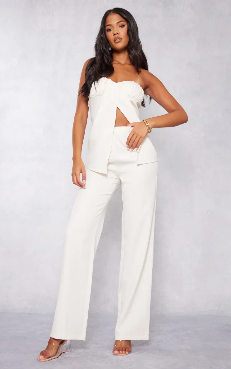 Cream Elastic-Waist Wide Leg Pants