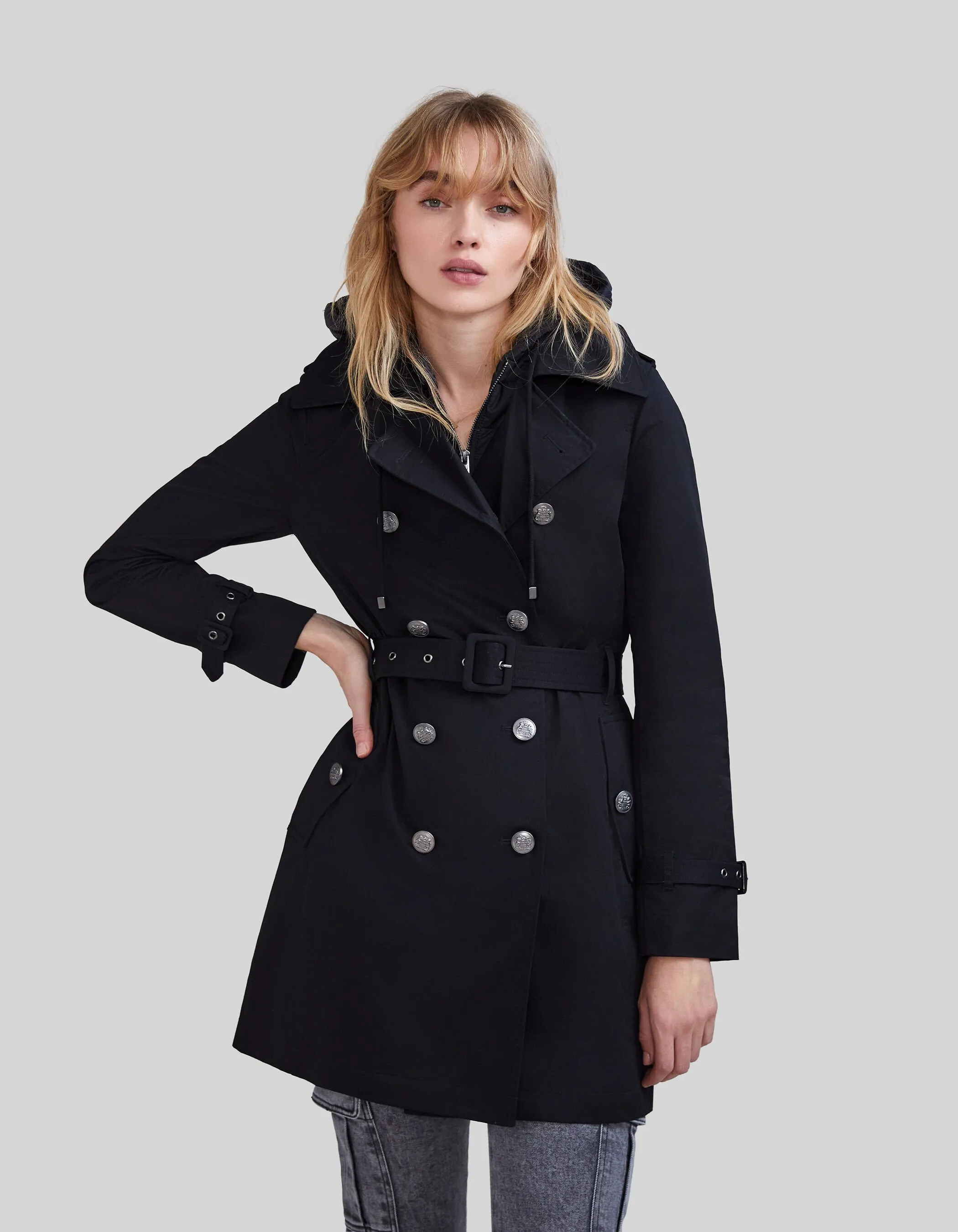 Long Cotton Trench Coat with Removable Hood for Women.