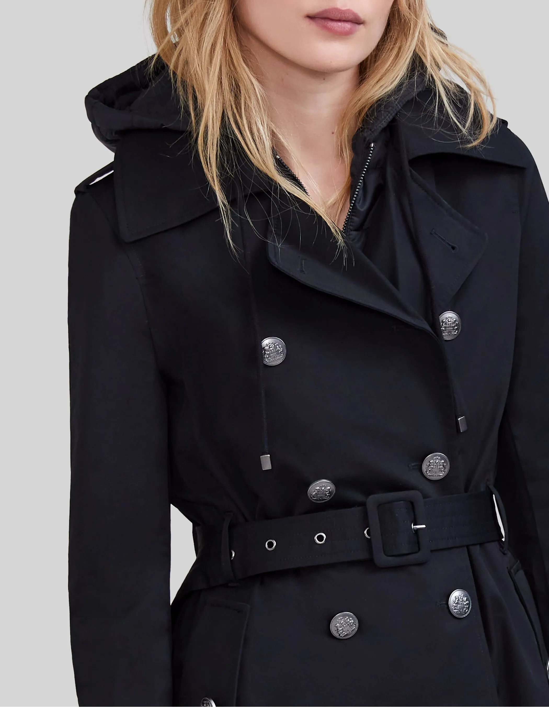 Long Cotton Trench Coat with Removable Hood for Women.